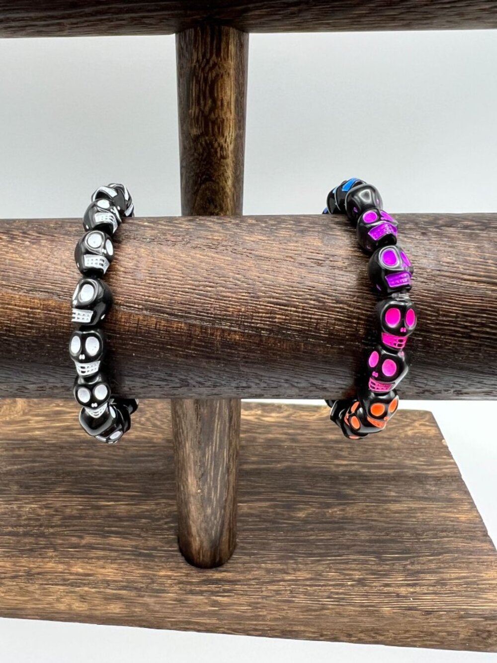 Colorful Skull Beaded Stretch Bracelet Set - Black White Pink & Orange